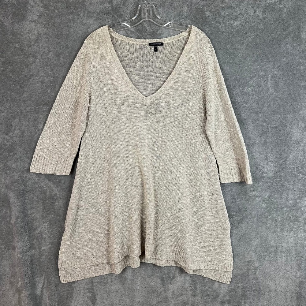 Eileen Fisher Tunic Sweater Womens L Linen Cotton Knit Quarter Sleeve
